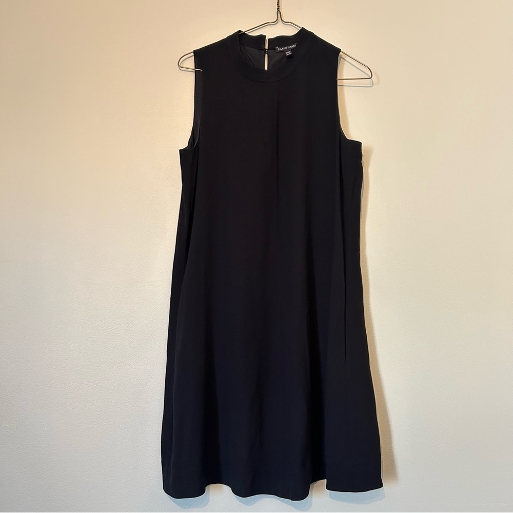 Eileen Fisher 100% silk georgette black sleeveless shift dress- xsmall